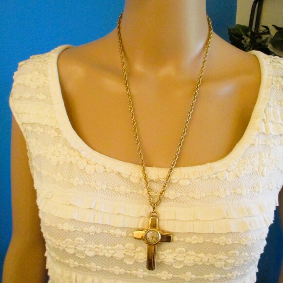 GOTHAM Gold Filled Swiss Cross Watch Necklace~ VINTAGE Mechanical Watch Necklace main image 11